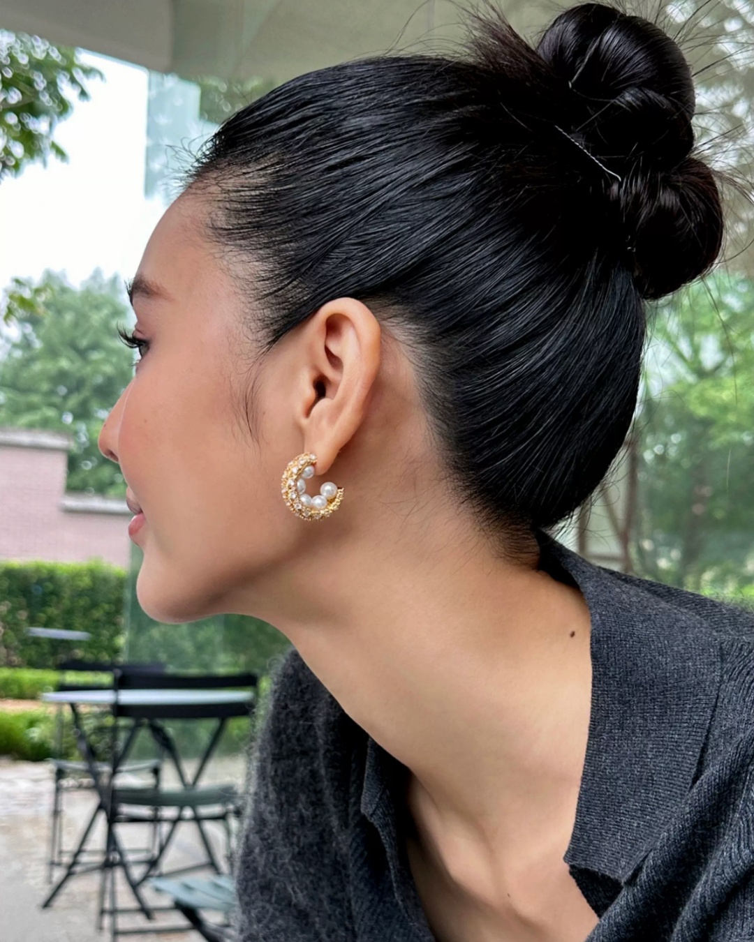 Pearl Zirconia C-Hoop Earrings