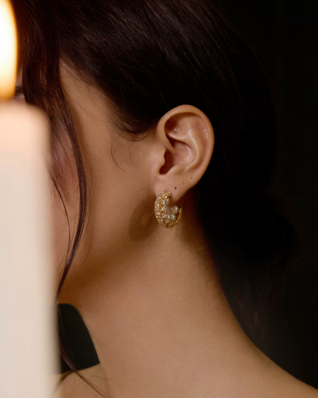 Pearl Zirconia C-Hoop Earrings